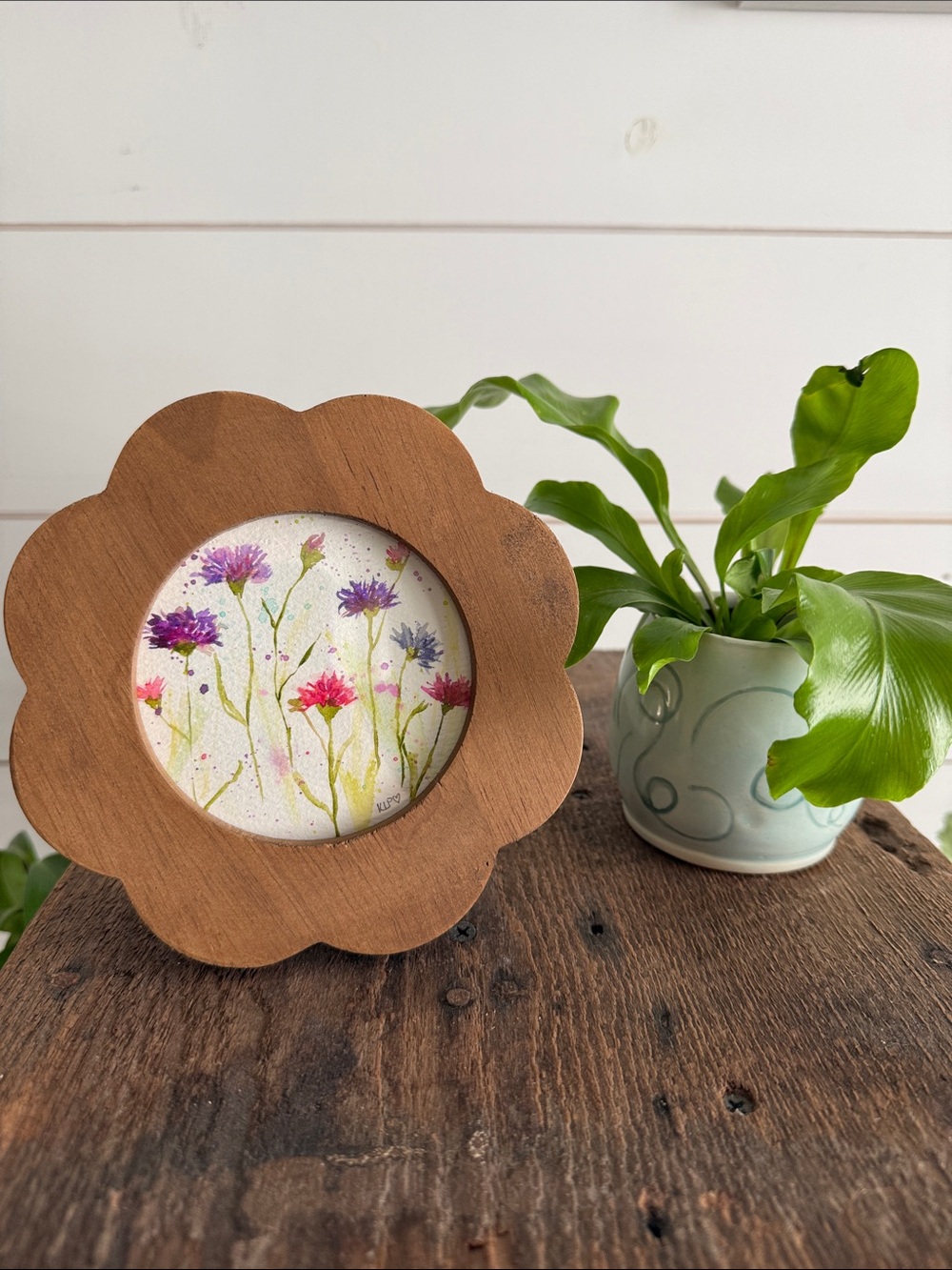 Hand crafted watercolor original in 4x4 wooden flower frame
